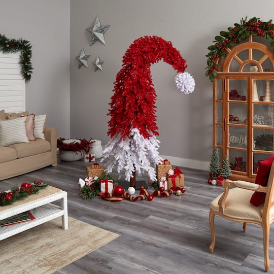 9ft. Pre-Lit Holiday Red Santa Hat Artificial Christmas Tree, White LED Lights